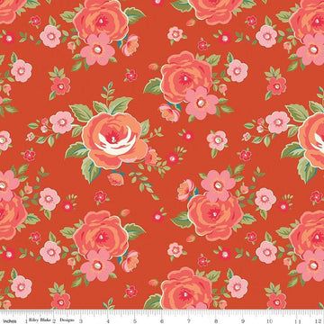 Image of Peach Cobbler Heirloom Cinnamon quilting cotton fabric by Lily Ashbury for Riley Blake Designs. Features flowers on an orange background. Cute Little Fabric Shop.
