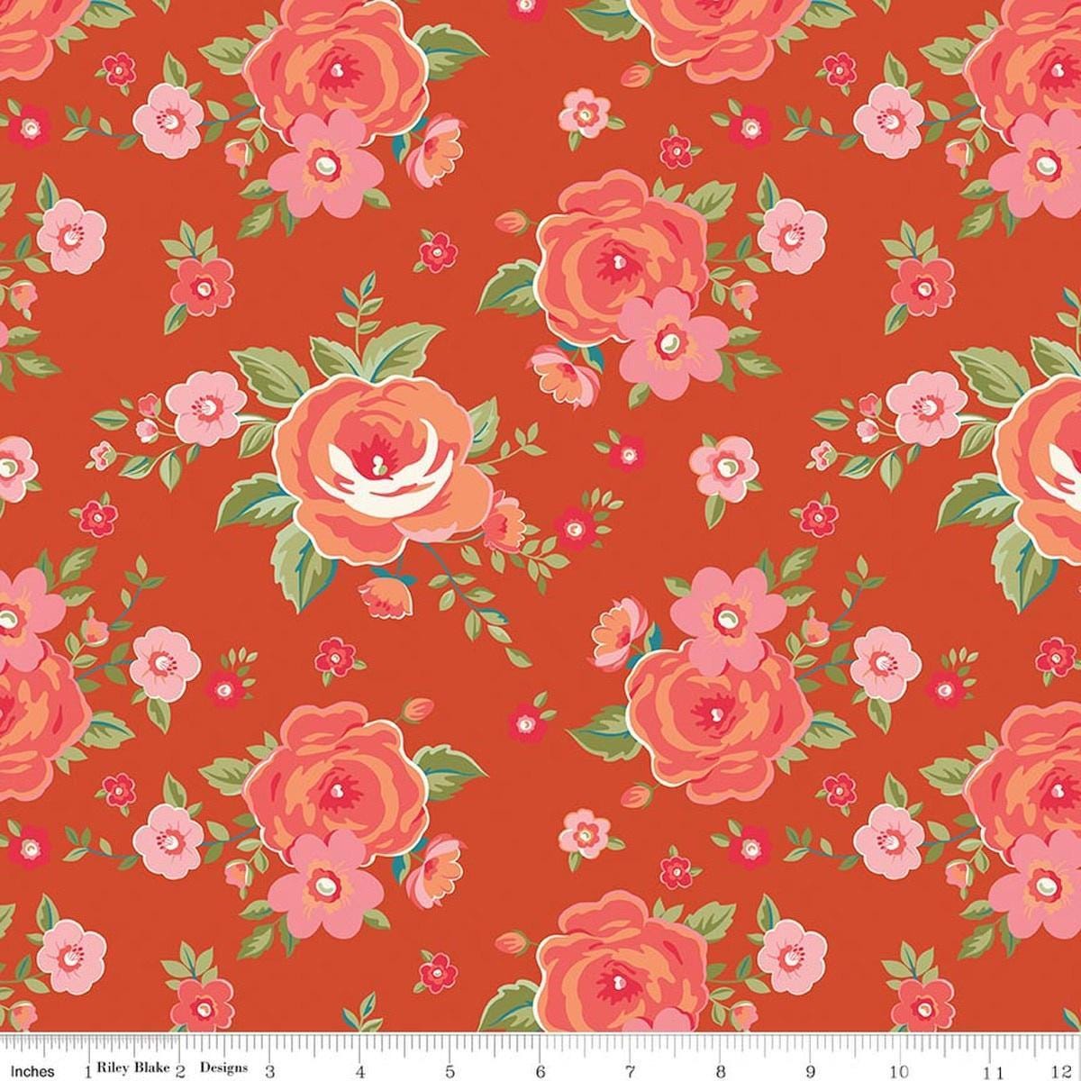 Image of Peach Cobbler Heirloom Cinnamon quilting cotton fabric by Lily Ashbury for Riley Blake Designs. Features flowers on an orange background. Cute Little Fabric Shop.