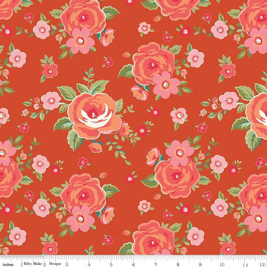 Image of Peach Cobbler Heirloom Cinnamon quilting cotton fabric by Lily Ashbury for Riley Blake Designs. Features flowers on an orange background. Cute Little Fabric Shop.