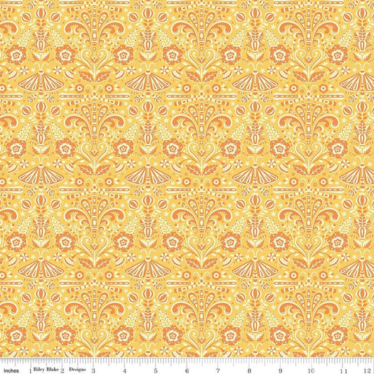 Image of Peach Cobbler Field Study Yellow quilting cotton fabric by Lily Ashbury for Riley Blake Designs. Features flowers on a yellow background. Cute Little Fabric Shop.