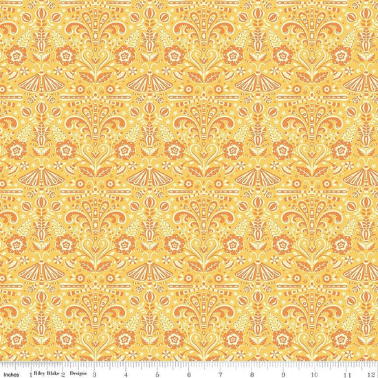 Image of Peach Cobbler Field Study Yellow quilting cotton fabric by Lily Ashbury for Riley Blake Designs. Features flowers on a yellow background. Cute Little Fabric Shop.