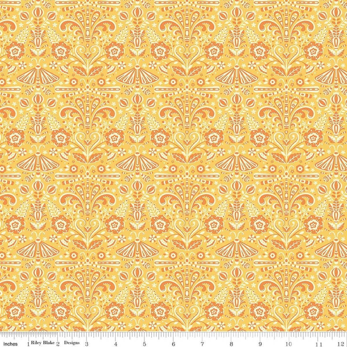 Image of Peach Cobbler Field Study Yellow quilting cotton fabric by Lily Ashbury for Riley Blake Designs. Features flowers on a yellow background. Cute Little Fabric Shop.