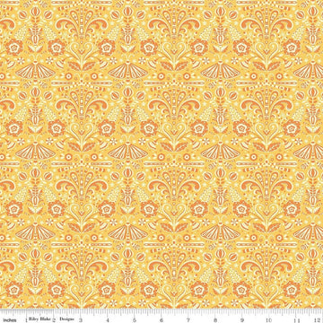 Image of Peach Cobbler Field Study Yellow quilting cotton fabric by Lily Ashbury for Riley Blake Designs. Features flowers on a yellow background. Cute Little Fabric Shop.