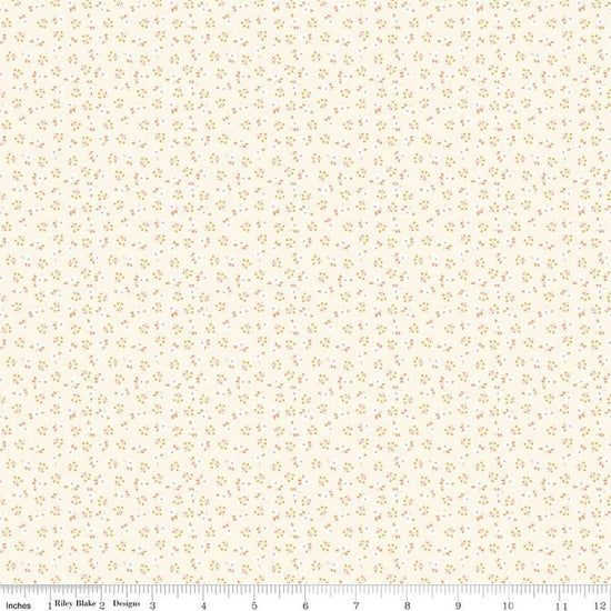 Image of Peach Cobbler Meadow Sand quilting cotton fabric by Lily Ashbury for Riley Blake Designs. Features flowers on a cream background. Cute Little Fabric Shop.