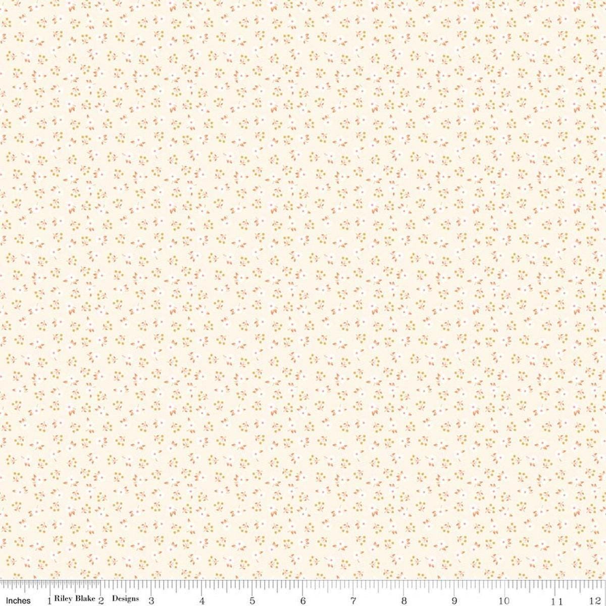 Image of Peach Cobbler Meadow Sand quilting cotton fabric by Lily Ashbury for Riley Blake Designs. Features flowers on a cream background. Cute Little Fabric Shop.