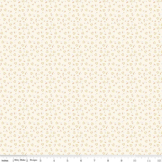 Image of Peach Cobbler Meadow Sand quilting cotton fabric by Lily Ashbury for Riley Blake Designs. Features flowers on a cream background. Cute Little Fabric Shop.