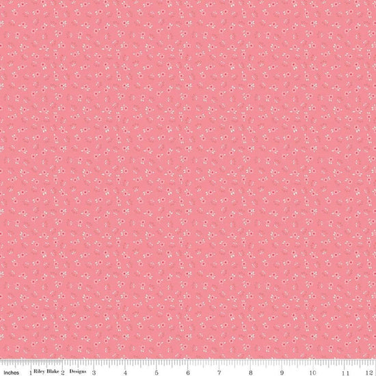 Image of Peach Cobbler Meadow Pink quilting cotton fabric by Lily Ashbury for Riley Blake Designs. Features flowers on a pink background. Cute Little Fabric Shop.