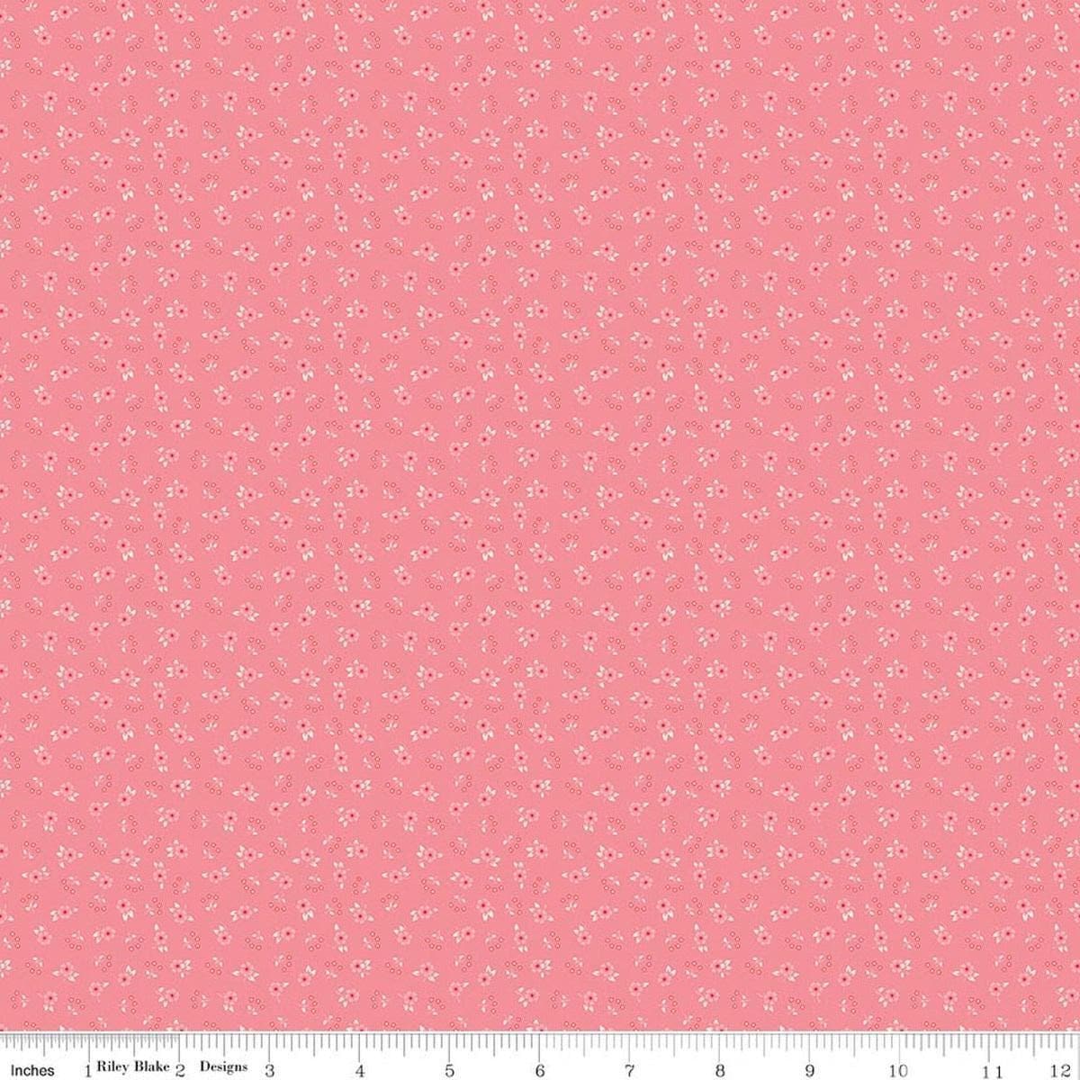 Image of Peach Cobbler Meadow Pink quilting cotton fabric by Lily Ashbury for Riley Blake Designs. Features flowers on a pink background. Cute Little Fabric Shop.
