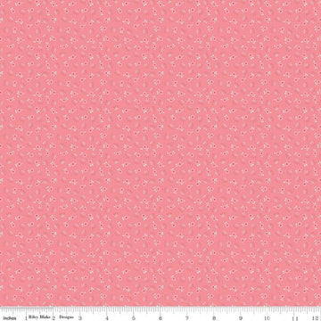 Image of Peach Cobbler Meadow Pink quilting cotton fabric by Lily Ashbury for Riley Blake Designs. Features flowers on a pink background. Cute Little Fabric Shop.