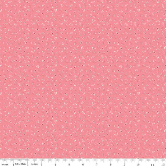Image of Peach Cobbler Meadow Pink quilting cotton fabric by Lily Ashbury for Riley Blake Designs. Features flowers on a pink background. Cute Little Fabric Shop.