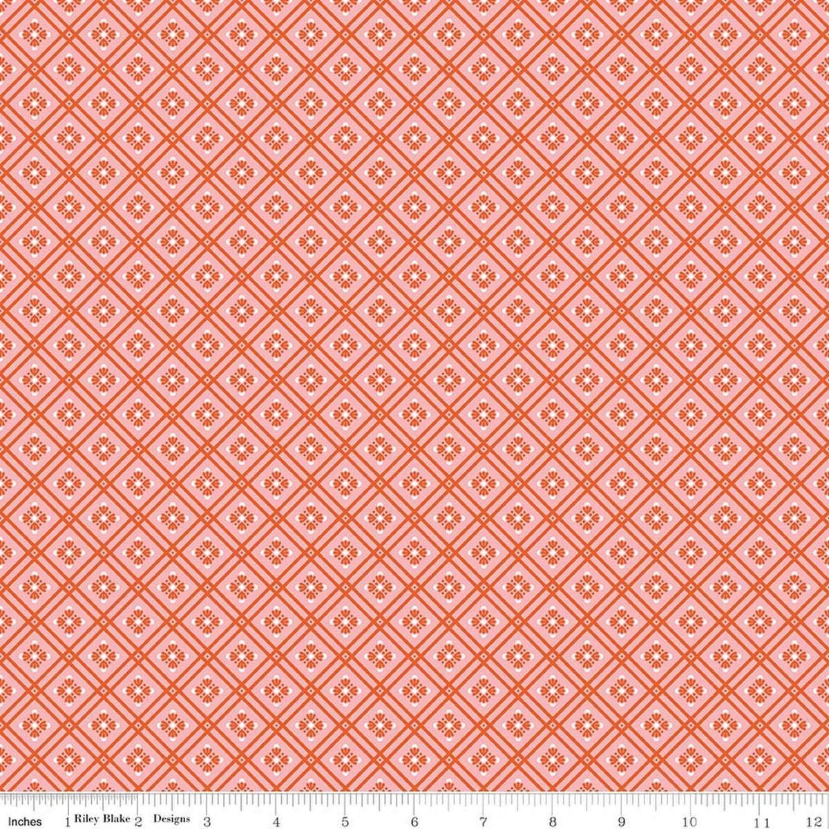 Image of Peach Cobbler Arbor Pink quilting cotton fabric by Lily Ashbury for Riley Blake Designs. Features a geometric pattern on a pink background. Cute Little Fabric Shop.
