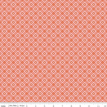 Image of Peach Cobbler Arbor Pink quilting cotton fabric by Lily Ashbury for Riley Blake Designs. Features a geometric pattern on a pink background. Cute Little Fabric Shop.