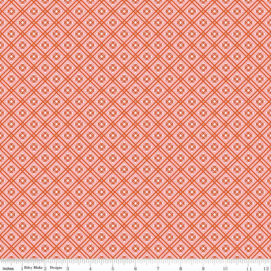 Image of Peach Cobbler Arbor Pink quilting cotton fabric by Lily Ashbury for Riley Blake Designs. Features a geometric pattern on a pink background. Cute Little Fabric Shop.
