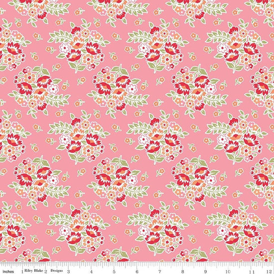 Image of Peach Cobbler Posy Pink quilting cotton fabric by Lily Ashbury for Riley Blake Designs. Features flowers on a pink background. Cute Little Fabric Shop.