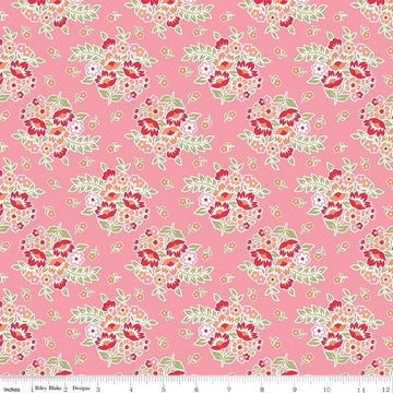 Image of Peach Cobbler Posy Pink quilting cotton fabric by Lily Ashbury for Riley Blake Designs. Features flowers on a pink background. Cute Little Fabric Shop.