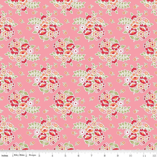 Image of Peach Cobbler Posy Pink quilting cotton fabric by Lily Ashbury for Riley Blake Designs. Features flowers on a pink background. Cute Little Fabric Shop.