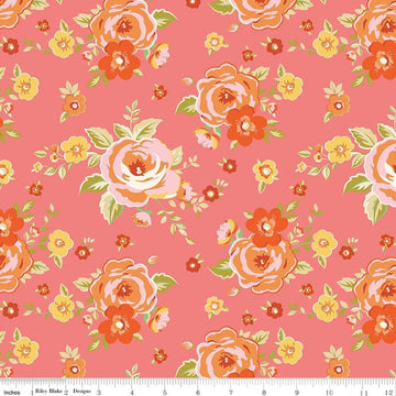 Image of Peach Cobbler Heirloom Lemonade quilting cotton fabric by Lily Ashbury for Riley Blake Designs. Features flowers on a pink background. Cute Little Fabric Shop.