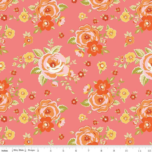 Image of Peach Cobbler Heirloom Lemonade quilting cotton fabric by Lily Ashbury for Riley Blake Designs. Features flowers on a pink background. Cute Little Fabric Shop.