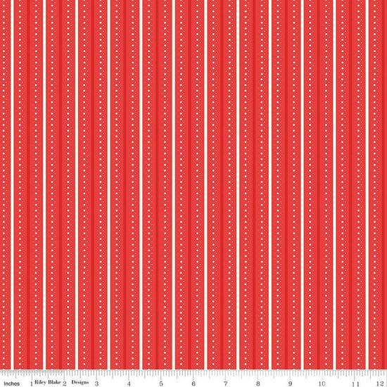 Image of Summer's in Town Stripes Red quilting cotton fabric by Sandy Gervais for Riley Blake Designs. Features stripes on a red background. Cute Little Fabric Shop.