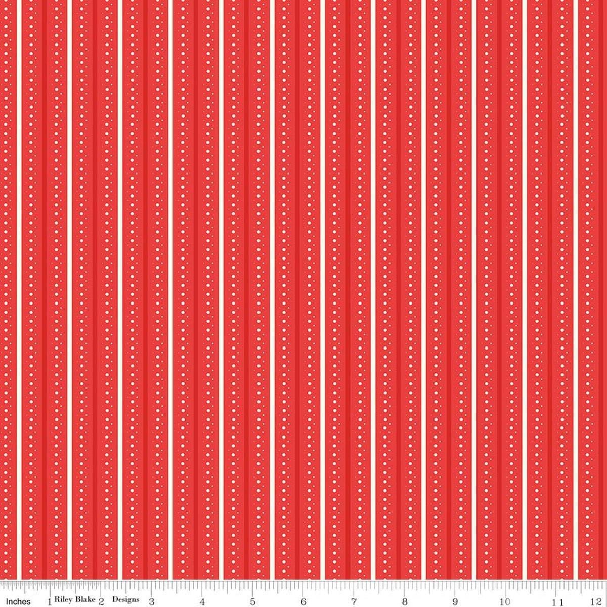 Image of Summer's in Town Stripes Red quilting cotton fabric by Sandy Gervais for Riley Blake Designs. Features stripes on a red background. Cute Little Fabric Shop.