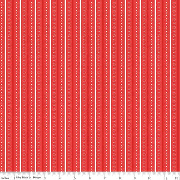 Image of Summer's in Town Stripes Red quilting cotton fabric by Sandy Gervais for Riley Blake Designs. Features stripes on a red background. Cute Little Fabric Shop.