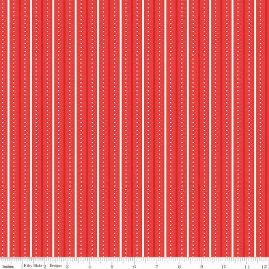 Image of Summer's in Town Stripes Red quilting cotton fabric by Sandy Gervais for Riley Blake Designs. Features stripes on a red background. Cute Little Fabric Shop.