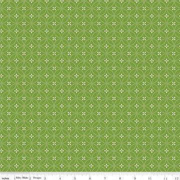 Image of Summer's in Town Circle Dots Green quilting cotton fabric by Sandy Gervais for Riley Blake Designs. Features a geometric design on a green background. Cute Little Fabric Shop.