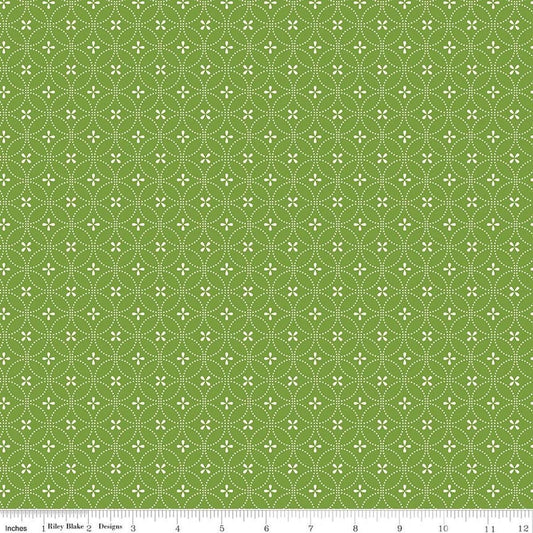 Image of Summer's in Town Circle Dots Green quilting cotton fabric by Sandy Gervais for Riley Blake Designs. Features a geometric design on a green background. Cute Little Fabric Shop.