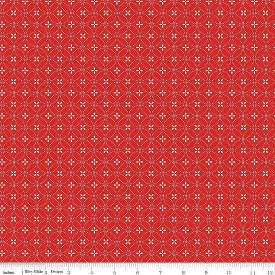 Image of Summer's in Town Circle Dots Red quilting cotton fabric by Sandy Gervais for Riley Blake Designs. Features a geometric design on a red background. Cute Little Fabric Shop.