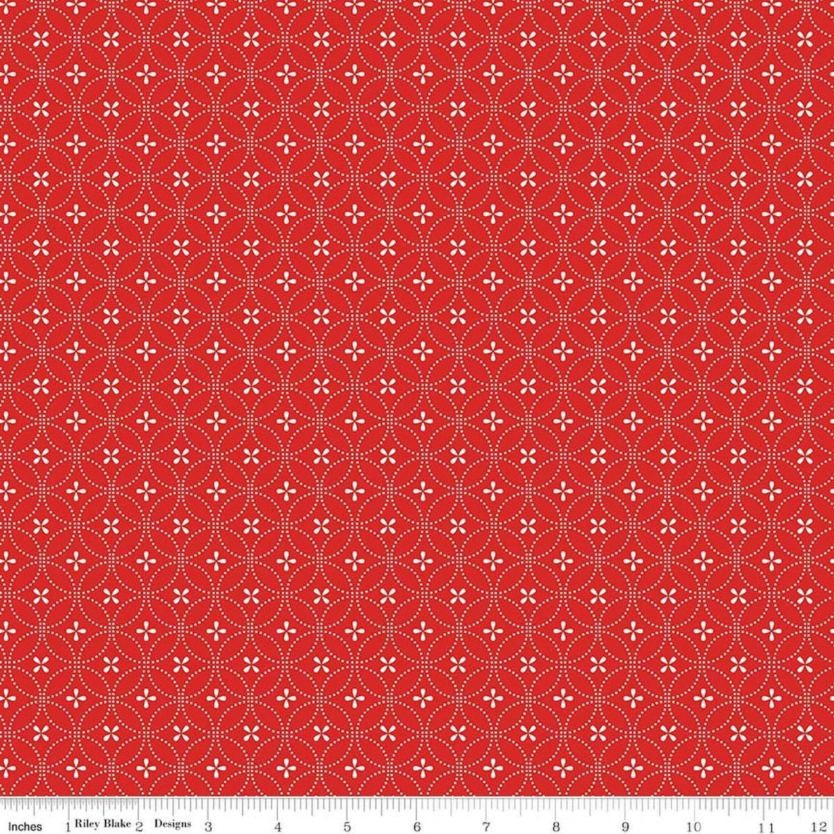 Image of Summer's in Town Circle Dots Red quilting cotton fabric by Sandy Gervais for Riley Blake Designs. Features a geometric design on a red background. Cute Little Fabric Shop.