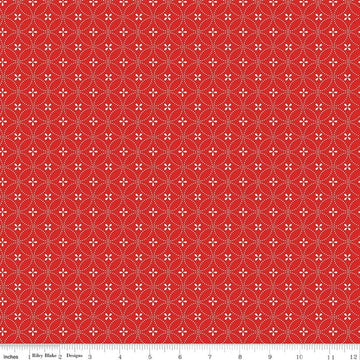Image of Summer's in Town Circle Dots Red quilting cotton fabric by Sandy Gervais for Riley Blake Designs. Features a geometric design on a red background. Cute Little Fabric Shop.
