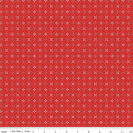 Image of Summer's in Town Circle Dots Red quilting cotton fabric by Sandy Gervais for Riley Blake Designs. Features a geometric design on a red background. Cute Little Fabric Shop.