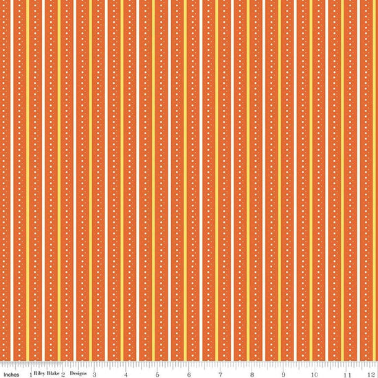 Image of Summer's in Town Stripes Orange quilting cotton fabric by Sandy Gervais for Riley Blake Designs. Features stripes on an orange background. Cute Little Fabric Shop.