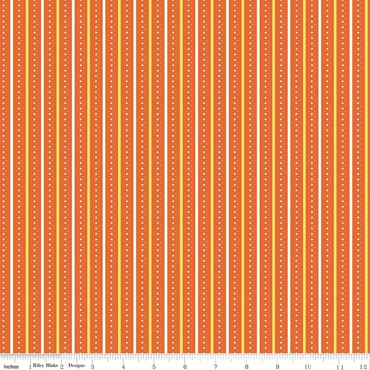 Image of Summer's in Town Stripes Orange quilting cotton fabric by Sandy Gervais for Riley Blake Designs. Features stripes on an orange background. Cute Little Fabric Shop.