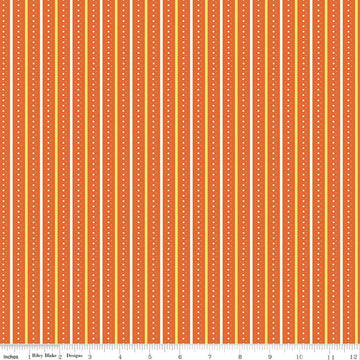 Image of Summer's in Town Stripes Orange quilting cotton fabric by Sandy Gervais for Riley Blake Designs. Features stripes on an orange background. Cute Little Fabric Shop.