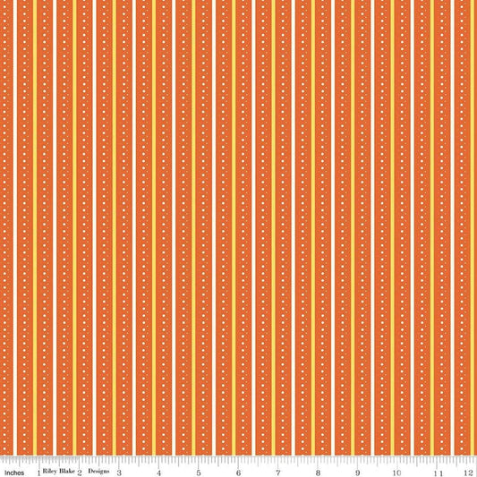 Image of Summer's in Town Stripes Orange quilting cotton fabric by Sandy Gervais for Riley Blake Designs. Features stripes on an orange background. Cute Little Fabric Shop.