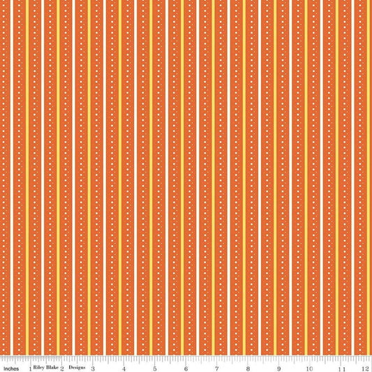 Image of Summer's in Town Stripes Orange quilting cotton fabric by Sandy Gervais for Riley Blake Designs. Features stripes on an orange background. Cute Little Fabric Shop.