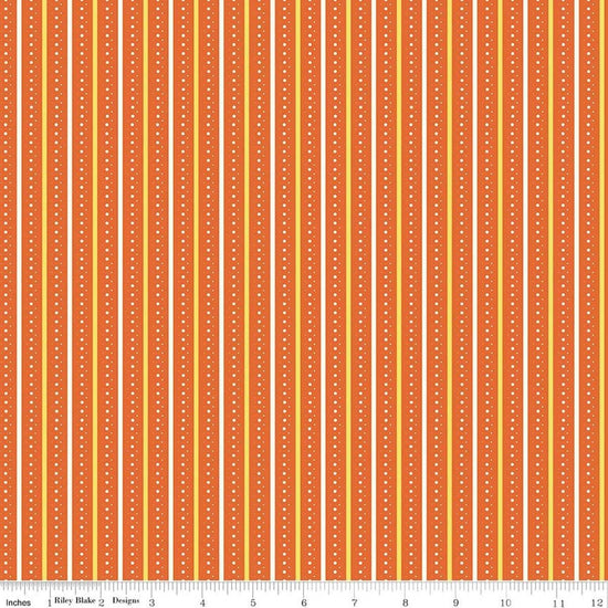 Image of Summer's in Town Stripes Orange quilting cotton fabric by Sandy Gervais for Riley Blake Designs. Features stripes on an orange background. Cute Little Fabric Shop.