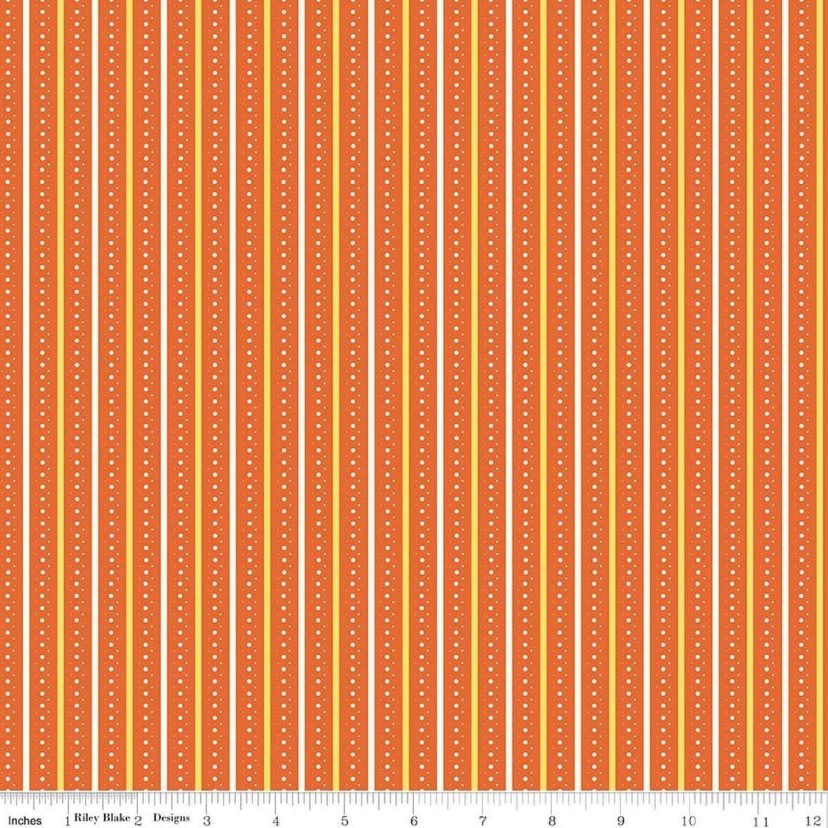Image of Summer's in Town Stripes Orange quilting cotton fabric by Sandy Gervais for Riley Blake Designs. Features stripes on an orange background. Cute Little Fabric Shop.