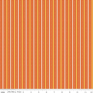 Image of Summer's in Town Stripes Orange quilting cotton fabric by Sandy Gervais for Riley Blake Designs. Features stripes on an orange background. Cute Little Fabric Shop.