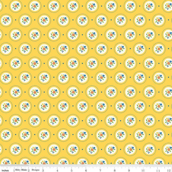 Image of Summer's in Town Cameo Yellow quilting cotton fabric by Sandy Gervais for Riley Blake Designs. Features flowers on a yellow background. Cute Little Fabric Shop.