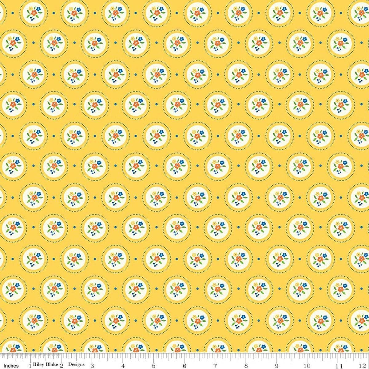Image of Summer's in Town Cameo Yellow quilting cotton fabric by Sandy Gervais for Riley Blake Designs. Features flowers on a yellow background. Cute Little Fabric Shop.