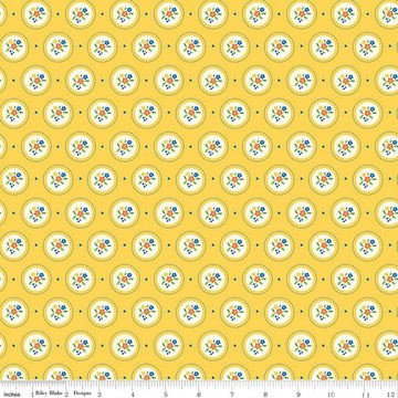 Image of Summer's in Town Cameo Yellow quilting cotton fabric by Sandy Gervais for Riley Blake Designs. Features flowers on a yellow background. Cute Little Fabric Shop.