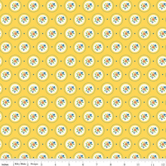 Image of Summer's in Town Cameo Yellow quilting cotton fabric by Sandy Gervais for Riley Blake Designs. Features flowers on a yellow background. Cute Little Fabric Shop.
