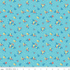 Image of Summer's in Town Floral Aqua quilting cotton fabric by Sandy Gervais for Riley Blake Designs. Features flowers on a blue background. Cute Little Fabric Shop.