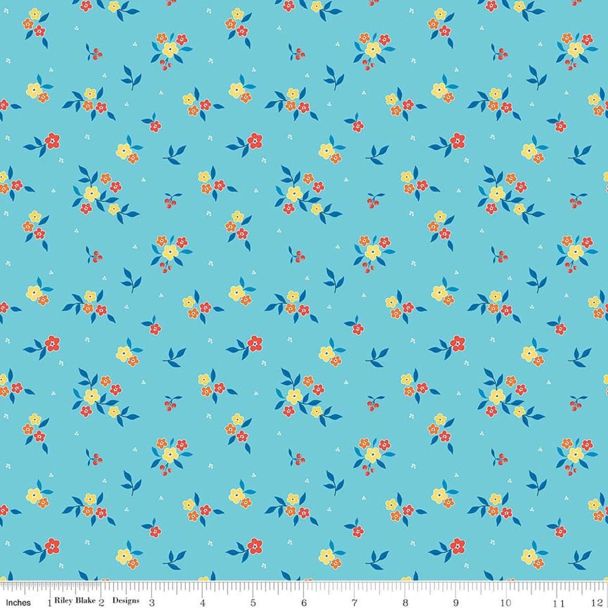 Image of Summer's in Town Floral Aqua quilting cotton fabric by Sandy Gervais for Riley Blake Designs. Features flowers on a blue background. Cute Little Fabric Shop.