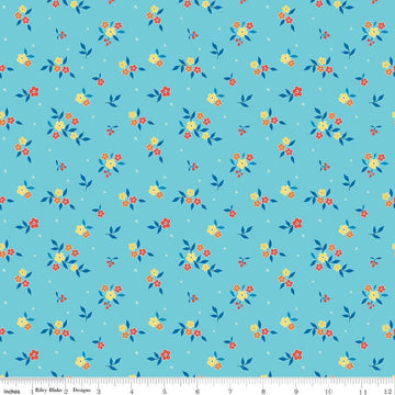 Image of Summer's in Town Floral Aqua quilting cotton fabric by Sandy Gervais for Riley Blake Designs. Features flowers on a blue background. Cute Little Fabric Shop.