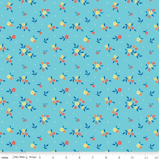 Image of Summer's in Town Floral Aqua quilting cotton fabric by Sandy Gervais for Riley Blake Designs. Features flowers on a blue background. Cute Little Fabric Shop.