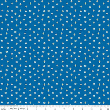Image of Summer's in Town Daisies Blue quilting cotton fabric by Sandy Gervais for Riley Blake Designs. Features flowers on a blue background. Cute Little Fabric Shop.