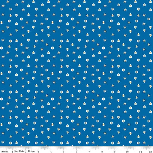 Image of Summer's in Town Daisies Blue quilting cotton fabric by Sandy Gervais for Riley Blake Designs. Features flowers on a blue background. Cute Little Fabric Shop.